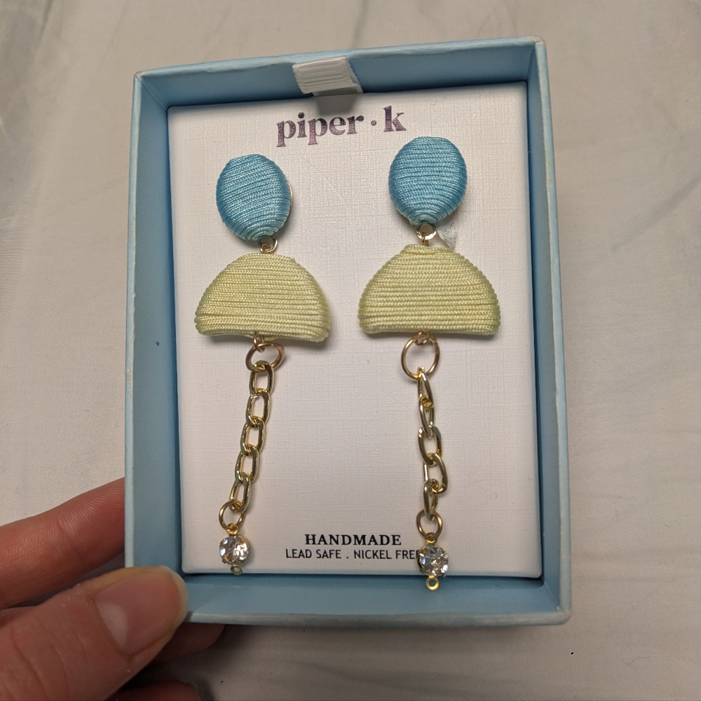 Upcycled Piper K Earrings Gold Tone Dangle Drop Pierced Blue Yellow Handmade
